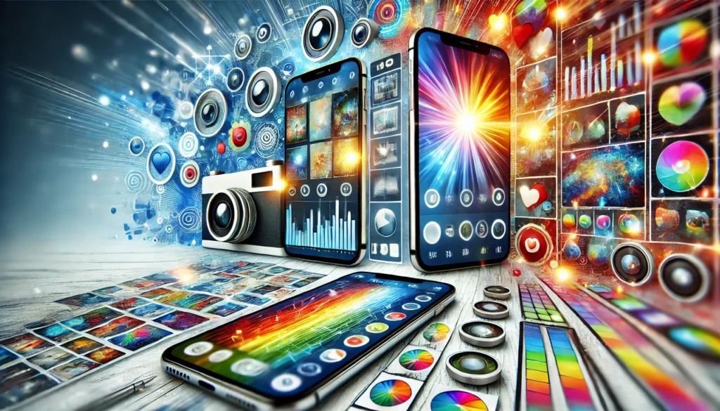 Imagem ilustrativa de smartphones exibindo diferentes aplicativos de edição de fotos, com filtros vibrantes e ferramentas de ajustes manuais.