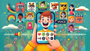 Pessoa utilizando um aplicativo de troca de voz em um smartphone, com ícones de personagens e efeitos de áudio.