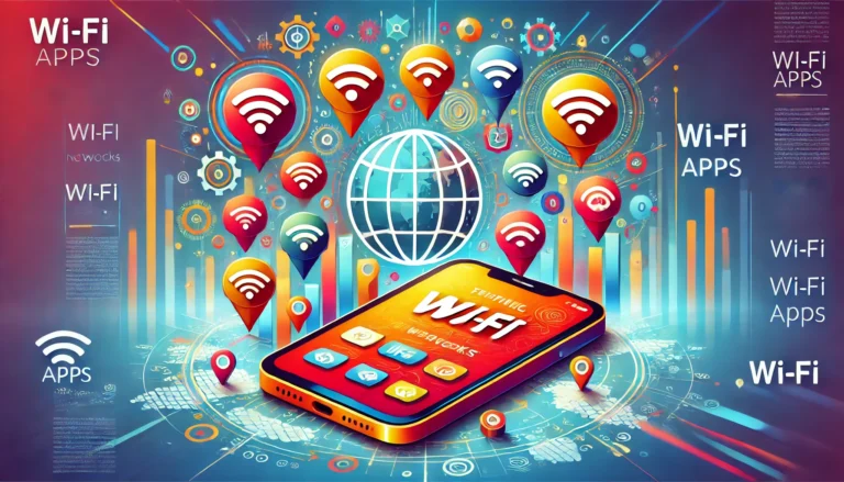 Imagem representando aplicativos para encontrar redes Wi-Fi, mostrando um smartphone com ícones de apps relacionados a Wi-Fi e um globo ao fundo, simbolizando conectividade global.