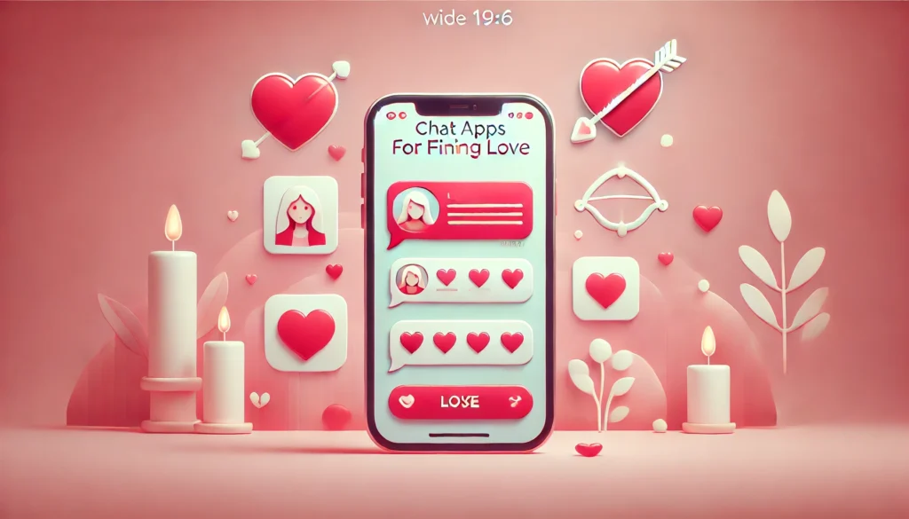 Imagem de um aplicativo de bate-papo no celular com ícones de coração, destacando a ideia de encontrar amor por meio de um app.