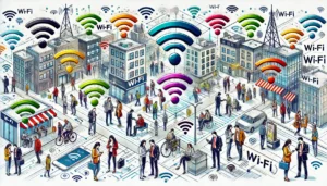 Ilustração de pessoas em ambiente urbano conectando-se a redes Wi-Fi usando dispositivos móveis