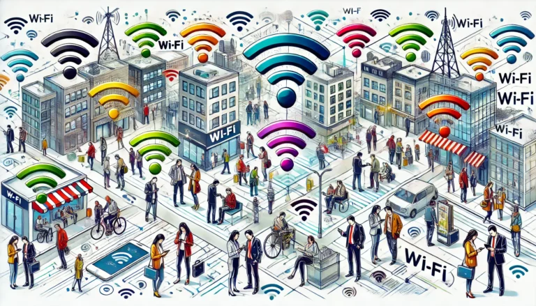 Ilustração de pessoas em ambiente urbano conectando-se a redes Wi-Fi usando dispositivos móveis