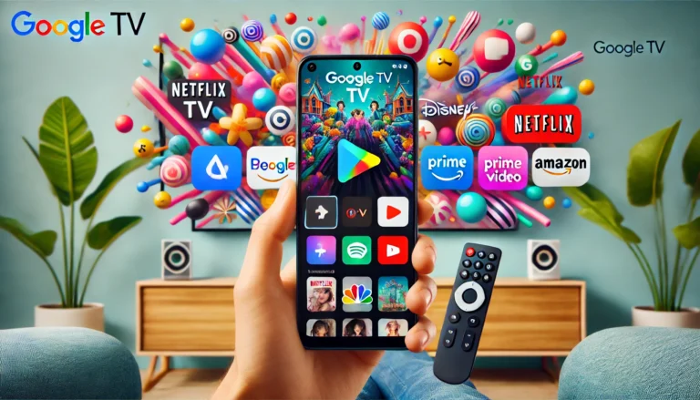 Google TV no celular com ícones de serviços de streaming como Netflix, Disney+ e Amazon Prime Video.