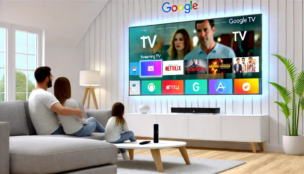 Sala de estar moderna com Google TV exibindo serviços de streaming