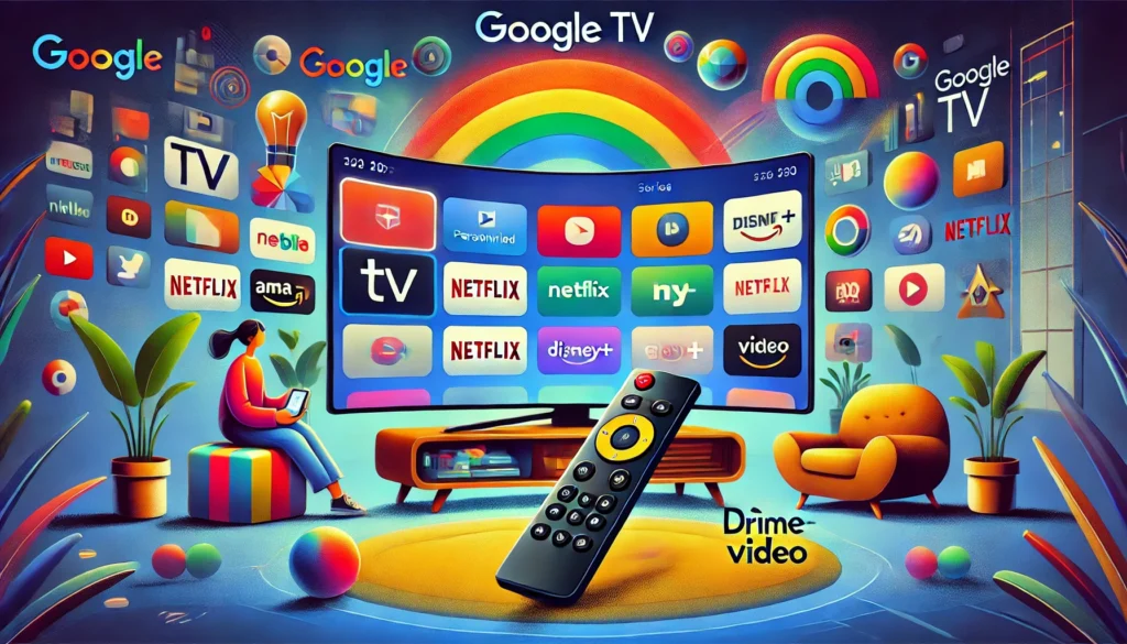 Ilustração dinâmica do Google TV destacando filmes, séries e recomendações personalizadas, com integração a plataformas de streaming como Netflix, Disney+ e Prime Video.