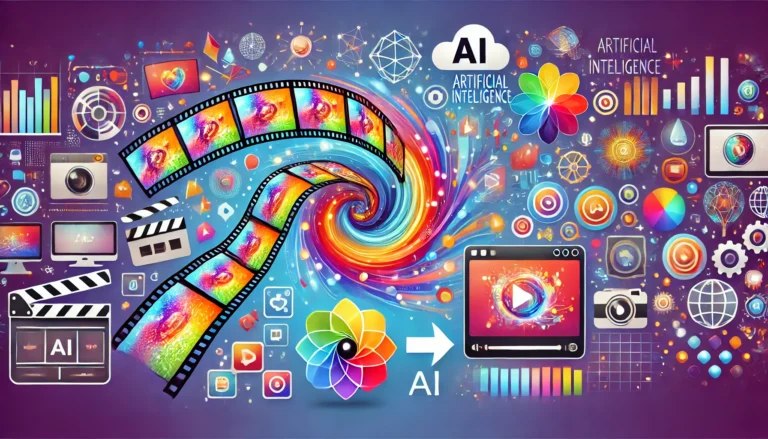 Ilustração de fotos se transformando em vídeos com IA, com elementos digitais e tecnologia de inteligência artificial.