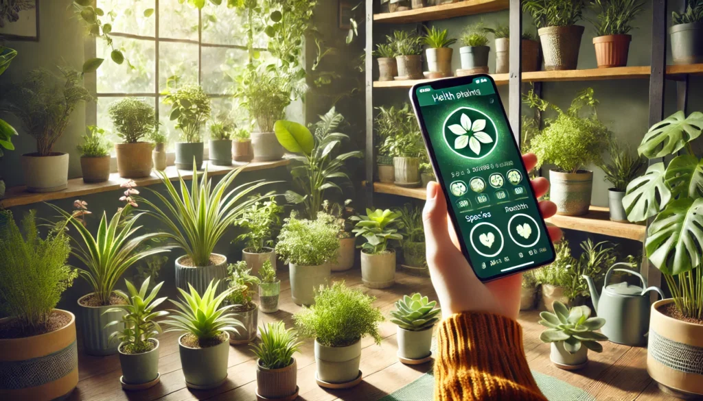 Cena acolhedora em ambiente interno, mostrando plantas saudáveis e uma pessoa usando um smartphone para escanear uma planta, com informações sobre a planta sendo exibidas na tela.