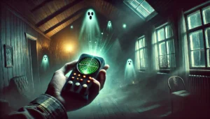 Interior de uma casa escura com uma atmosfera misteriosa e elementos fantasmagóricos sutis, incluindo pequenos orbes de luz e sombras, enquanto uma pessoa segura um dispositivo de radar levemente brilhante, sugerindo uma investigação paranormal.