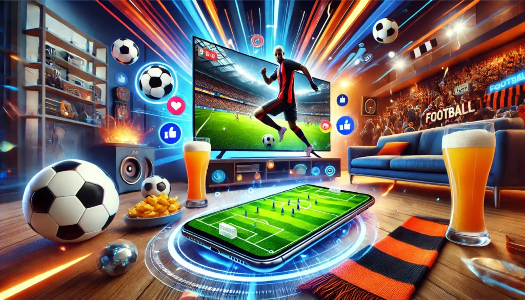 Sala de estar moderna com uma TV exibindo uma partida de futebol ao vivo e um smartphone ao centro transmitindo o mesmo jogo via aplicativo, cercado por itens como bola de futebol, cachecol e snacks.