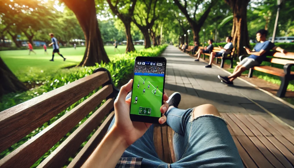 Pessoa assistindo futebol no celular enquanto está sentada em um banco de madeira em um parque.