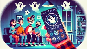 Ilustração de pessoas usando um smartphone para detectar fantasmas com um aplicativo de radar.