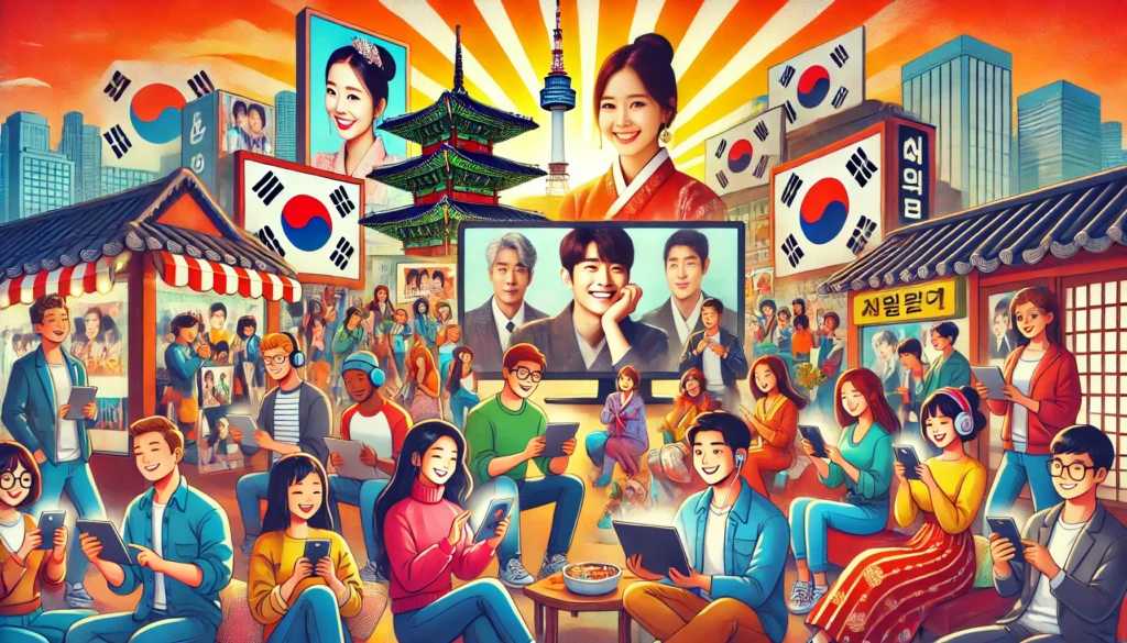 Ilustração vibrante mostrando pessoas de diferentes origens assistindo Kdramas em seus dispositivos móveis, com elementos culturais coreanos ao fundo.