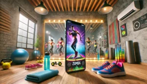 Smartphone mostrando uma aula de Zumba em uma sala com espelhos, luzes vibrantes e acessórios de treino como tênis e garrafa d'água.