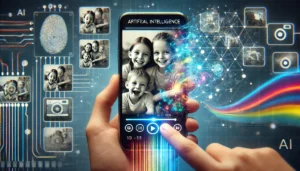 Imagem futurista representando a inteligência artificial animando uma foto estática em vídeo. A imagem mostra um smartphone com uma foto em preto e branco de uma família sendo transformada em uma animação colorida, com detalhes como sorriso, piscando olhos e cabelo em movimento. O fundo tem elementos digitais, como linhas brilhantes e redes neurais, simbolizando a tecnologia de IA.