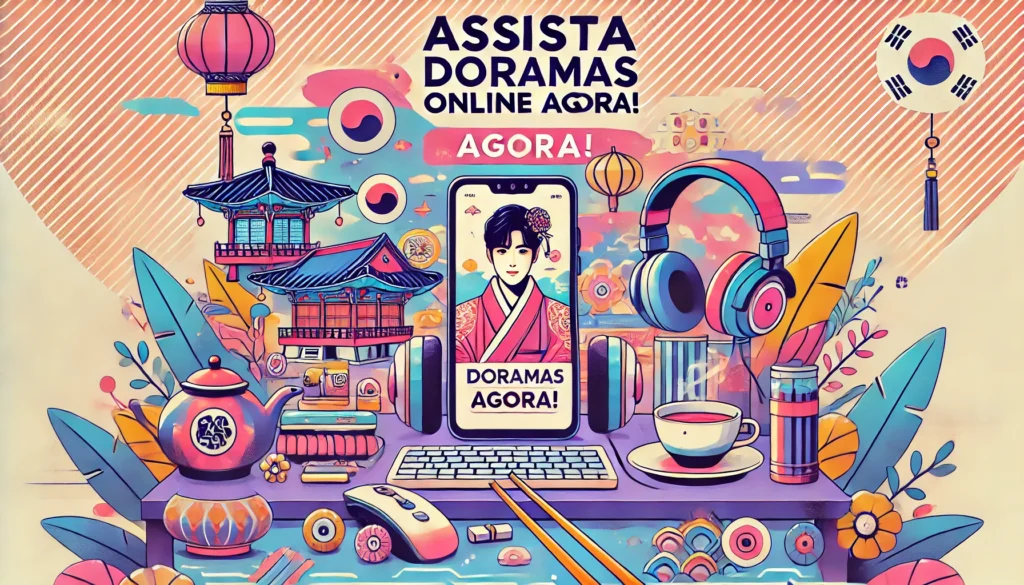 Ilustração digital de um smartphone exibindo uma cena de dorama, rodeado por elementos culturais asiáticos como decorações, um fone de ouvido e uma xícara de chá, com texto 'Assista Doramas Online Agora!' em destaque.

