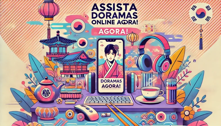 Ilustração digital de um smartphone exibindo uma cena de dorama, rodeado por elementos culturais asiáticos como decorações, um fone de ouvido e uma xícara de chá, com texto 'Assista Doramas Online Agora!' em destaque.