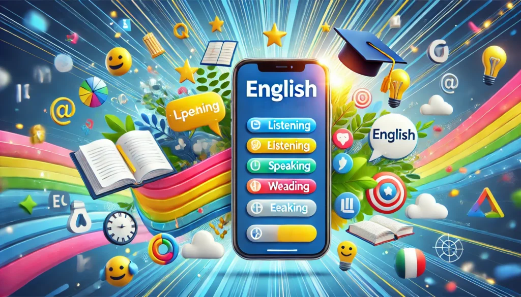 Imagem ilustrando aprendizado de inglês com aplicativos mobile, mostrando um celular com ícones educativos, letras do alfabeto e elementos interativos.