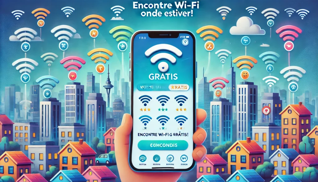 Imagem de um aplicativo para encontrar redes Wi-Fi grátis, com um smartphone exibindo redes disponíveis e ícones de sinal Wi-Fi em uma cidade vibrante.