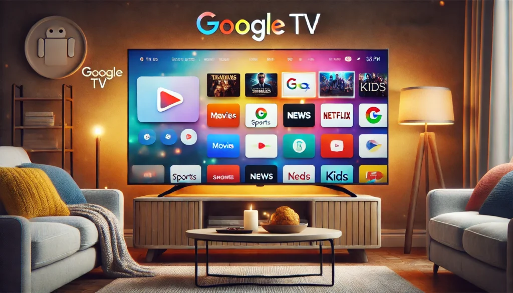 Tela do Google TV exibindo categorias como filmes, esportes, notícias e programação infantil em um ambiente aconchegante de sala de estar.