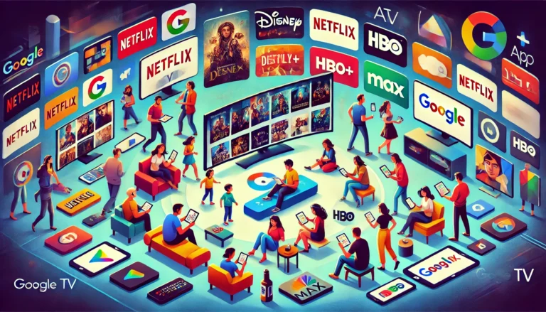 Pessoas assistindo a filmes e séries com o Google TV em dispositivos como smartphones, tablets e smart TVs