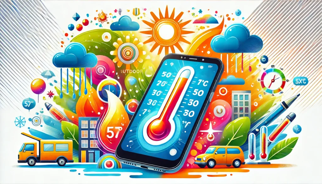 Ilustração de um smartphone sendo usado como termômetro, medindo a temperatura ambiente, com elementos vibrantes como sol, nuvens e símbolos de clima.