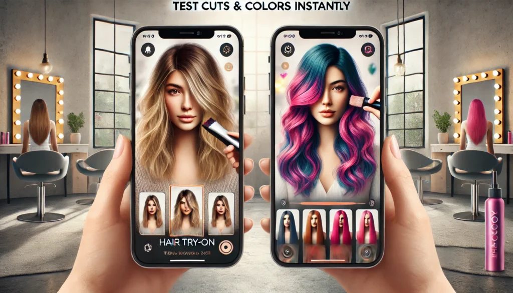 Mulher testando cortes e cores de cabelo com aplicativos Hair Try-On e YouCam Makeup, simulando mudanças de visual em um ambiente moderno e iluminado.