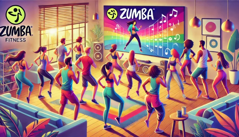 Pessoas dançando Zumba em casa seguindo um instrutor na tela