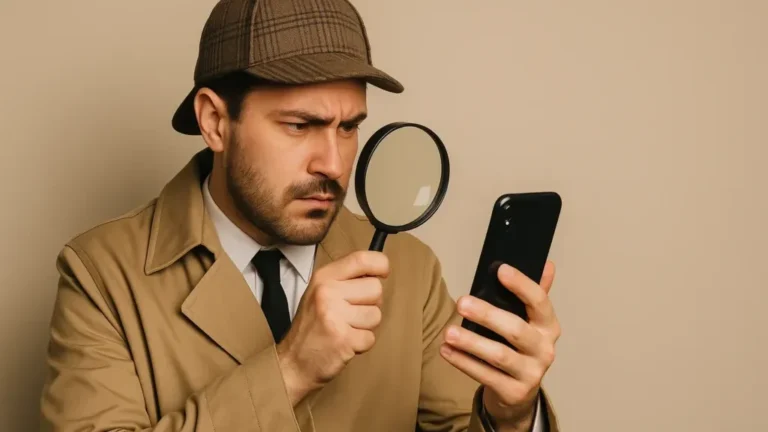 Homem vestido de detetive inspeciona um celular com uma lupa.