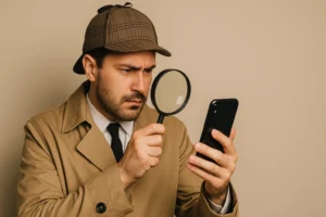Homem vestido de detetive inspeciona um celular com uma lupa.
