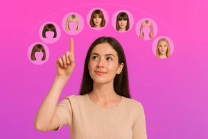 Mulher jovem com o braço levantado apontando para opções de cortes e cores de cabelo flutuando acima dela em miniaturas circulares, sobre um fundo rosa degradê