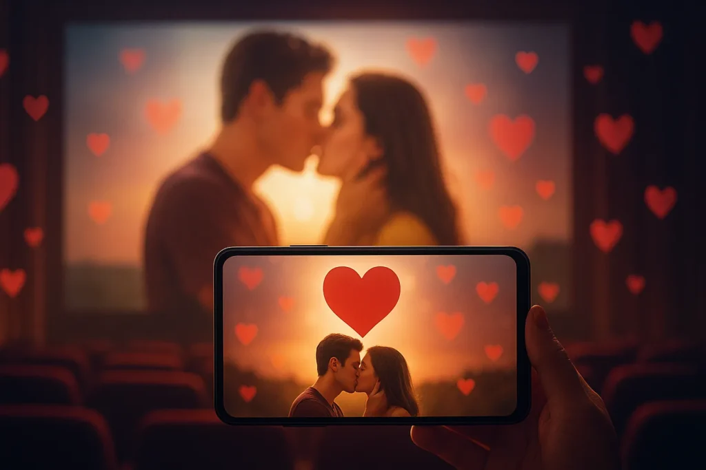 Celular exibindo uma cena de romance com corações flutuantes em um ambiente de cinema.