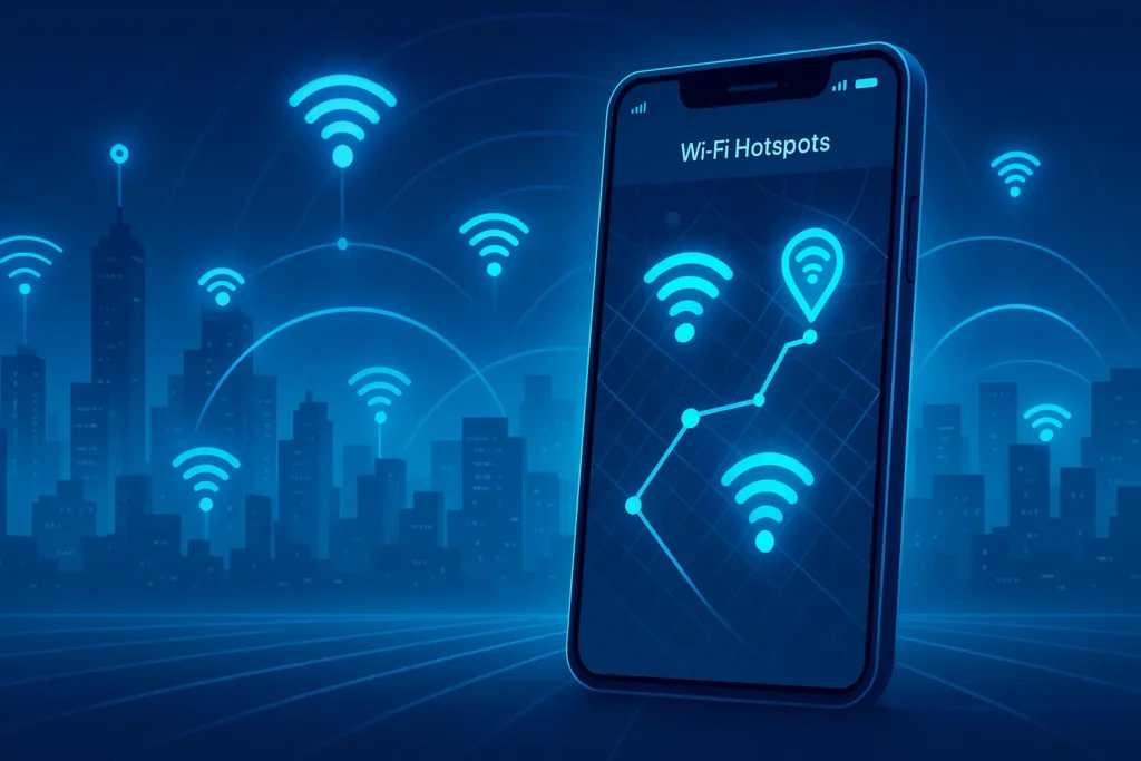Smartphone em destaque exibindo um mapa de hotspots Wi-Fi, conectando uma cidade futurista iluminada por neon.