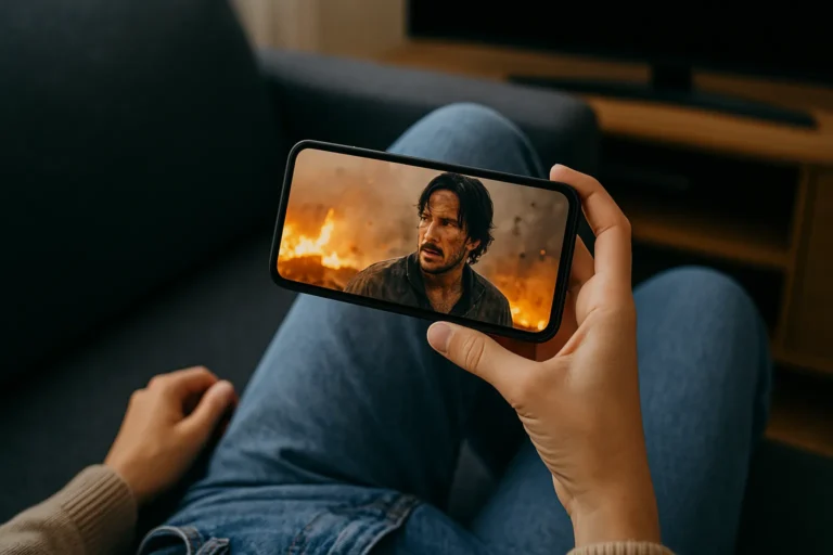 Pessoa sentada em um sofá assistindo a um filme de ação no celular, com a tela mostrando um personagem em uma cena de fogo intenso