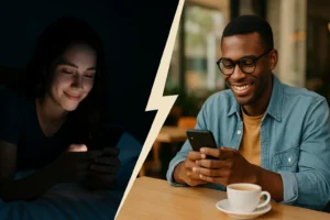 Duas pessoas em lugares diferentes do mundo conversando pelo celular — uma à noite na cama, outra de dia em um café.