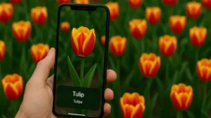 Identificação de flores por aplicativo em campo de tulipas.