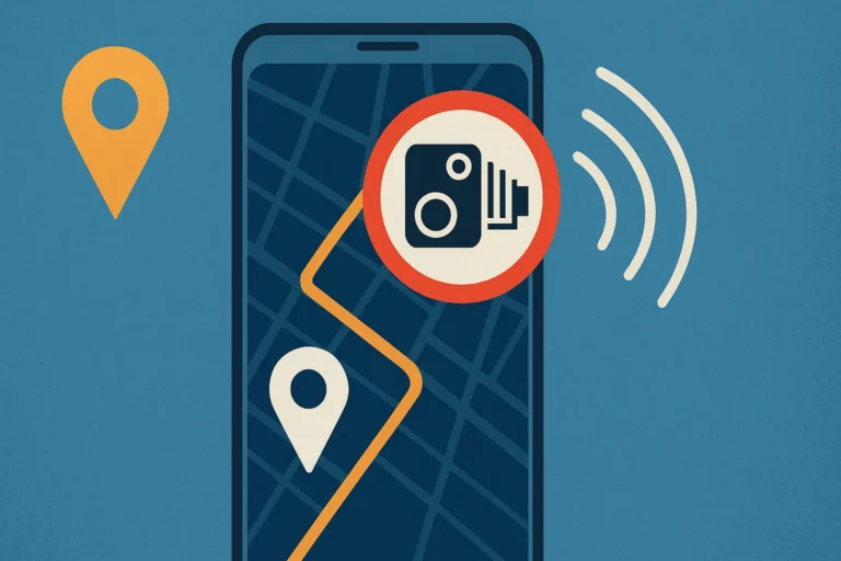 Ilustração de um smartphone exibindo um mapa de navegação com alerta de radar à frente, ícone de localização e ondas de sinal.