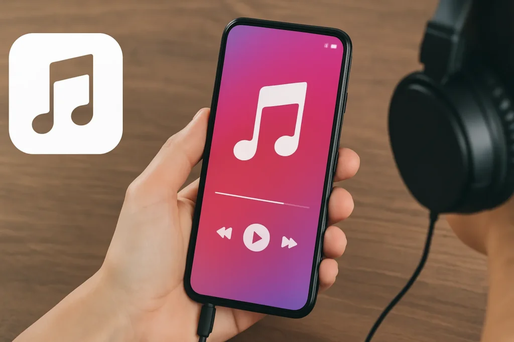 Pessoa segura um smartphone com app de música aberto, usando fones de ouvido