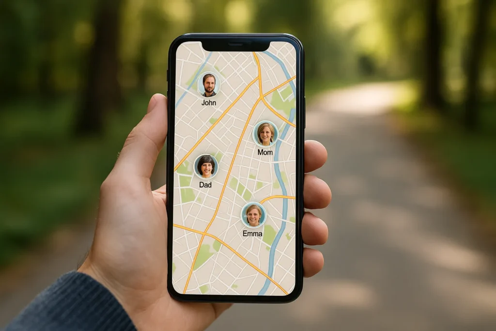 Pessoa segurando um smartphone com mapa de localização exibindo ícones de membros da família, em uma estrada ao ar livre cercada por árvores. A tela mostra o rastreamento em tempo real de diferentes pessoas