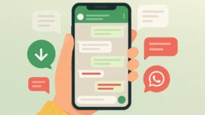 Ilustração de uma mão segurando um smartphone com tela de mensagens, exibindo bolhas de conversa, algumas delas em vermelho indicando mensagens apagadas