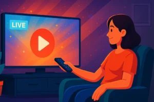 Pessoa assistindo transmissão ao vivo na TV com controle remoto em mãos, em ambiente aconchegante