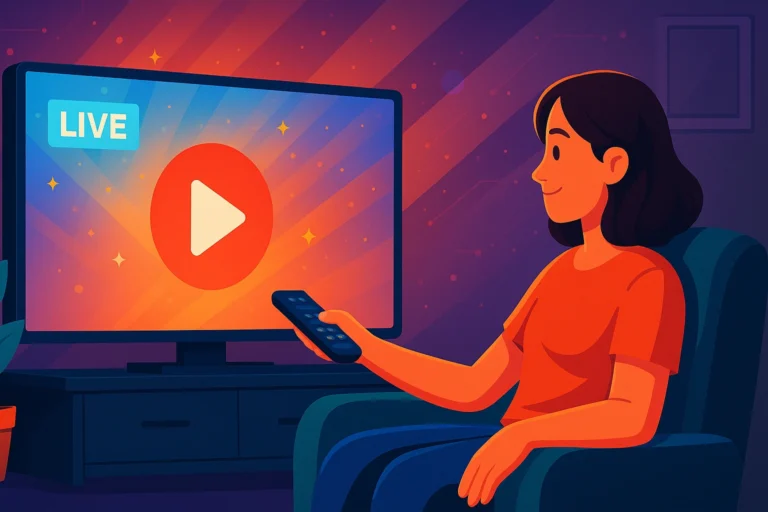 Pessoa assistindo transmissão ao vivo na TV com controle remoto em mãos, em ambiente aconchegante