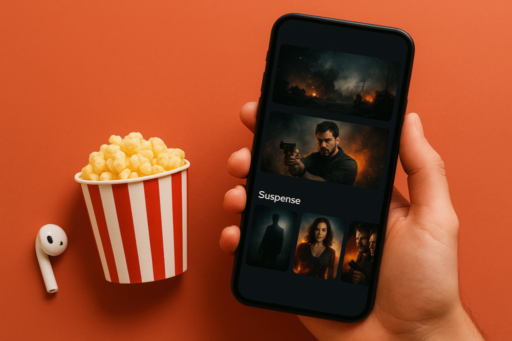 imagem com uma mão segurando o celular indicando aplicativos de séries e filmes grátis, um balde de pipoca e um fone de ouvido sem fio
