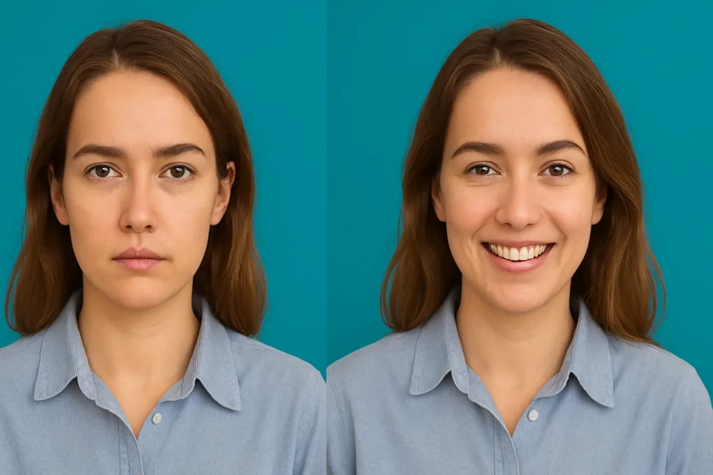 Comparativo de IA: à esquerda, a foto de uma jovem com expressão séria; à direita, a mesma jovem sorrindo, ilustrando a animação facial gerada por inteligência artificial