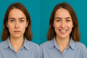 Comparativo de IA: à esquerda, a foto de uma jovem com expressão séria; à direita, a mesma jovem sorrindo, ilustrando a animação facial gerada por inteligência artificial