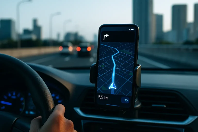 Smartphone exibindo um mapa GPS com rota traçada, preso em um suporte no painel de um carro em movimento, com a cidade desfocada ao fundo.