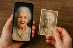 Mãos segurando um celular com aplicativo para animar fotos antigas mostrando uma senhora idosa colorida e animada ao lado de sua foto antiga em preto e branco sobre uma mesa de madeira