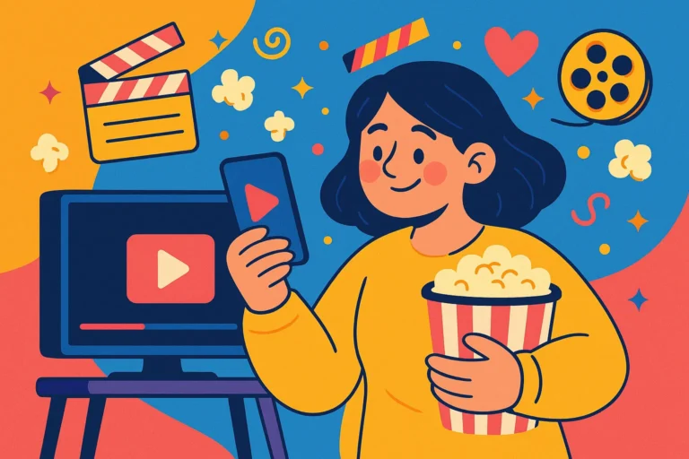 Ilustração colorida e divertida de uma jovem segurando um celular e um balde de pipoca, com ícones de filmes e TV ao fundo, representando o uso de aplicativos para ver filmes grátis