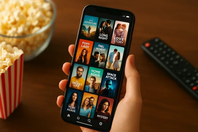Pessoa segurando um smartphone com uma interface de aplicativo para ver filmes grátis, exibindo pôsteres variados; ao fundo, um balde de pipoca e um controle remoto sobre uma mesa de madeira.