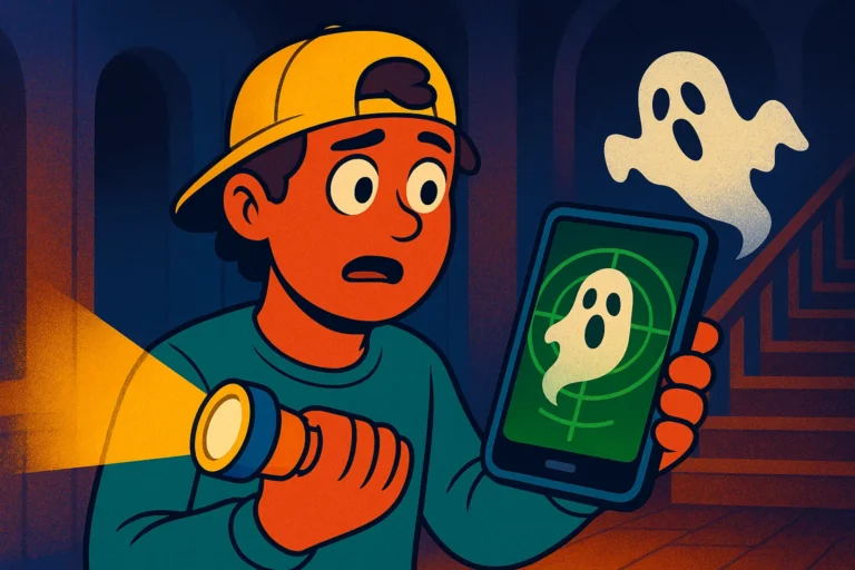 Garoto em cenário assombrado usa celular com aplicativo que detecta fantasmas, segurando lanterna e vendo espírito flutuante ao fundo.