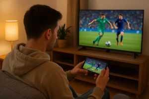 Homem assistindo a um jogo de futebol no celular e na TV ao mesmo tempo, usando um app de TV online em um ambiente aconchegante.